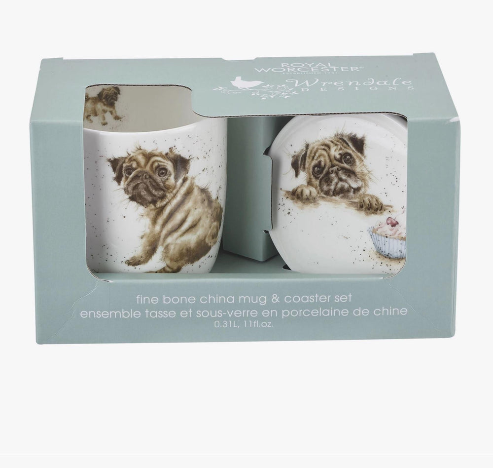 Wrendale Bone China Mug & Coaster Set | Pug Love Dog