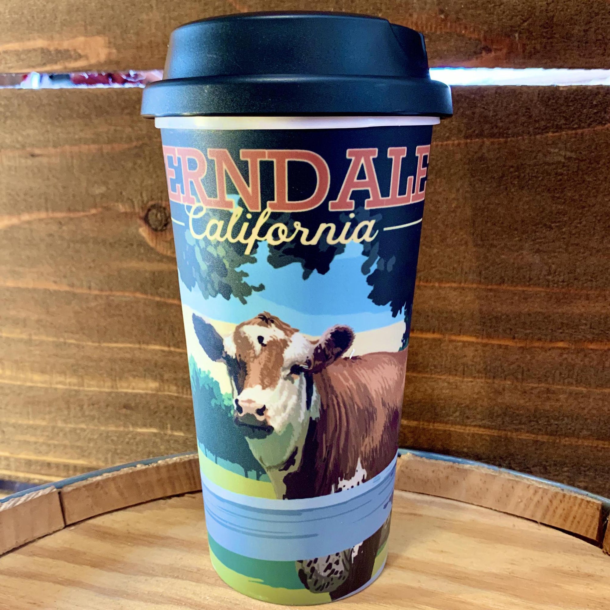 20oz Poly Tumbler with Black Lid Ferndale California - Cow in Pasture - 2020 Limited Edition Design