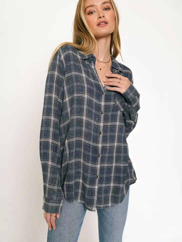 Acid Washed Plaid Button Up Shirt | Navy