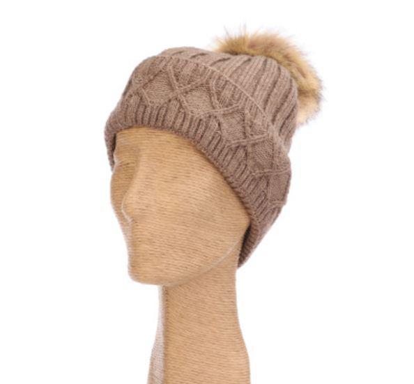 Acrylic Blend Cuff Cap Beanie with Vegan Fur Pom