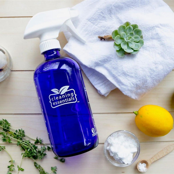Blue Glass Spray Bottle with Cleaning Recipes