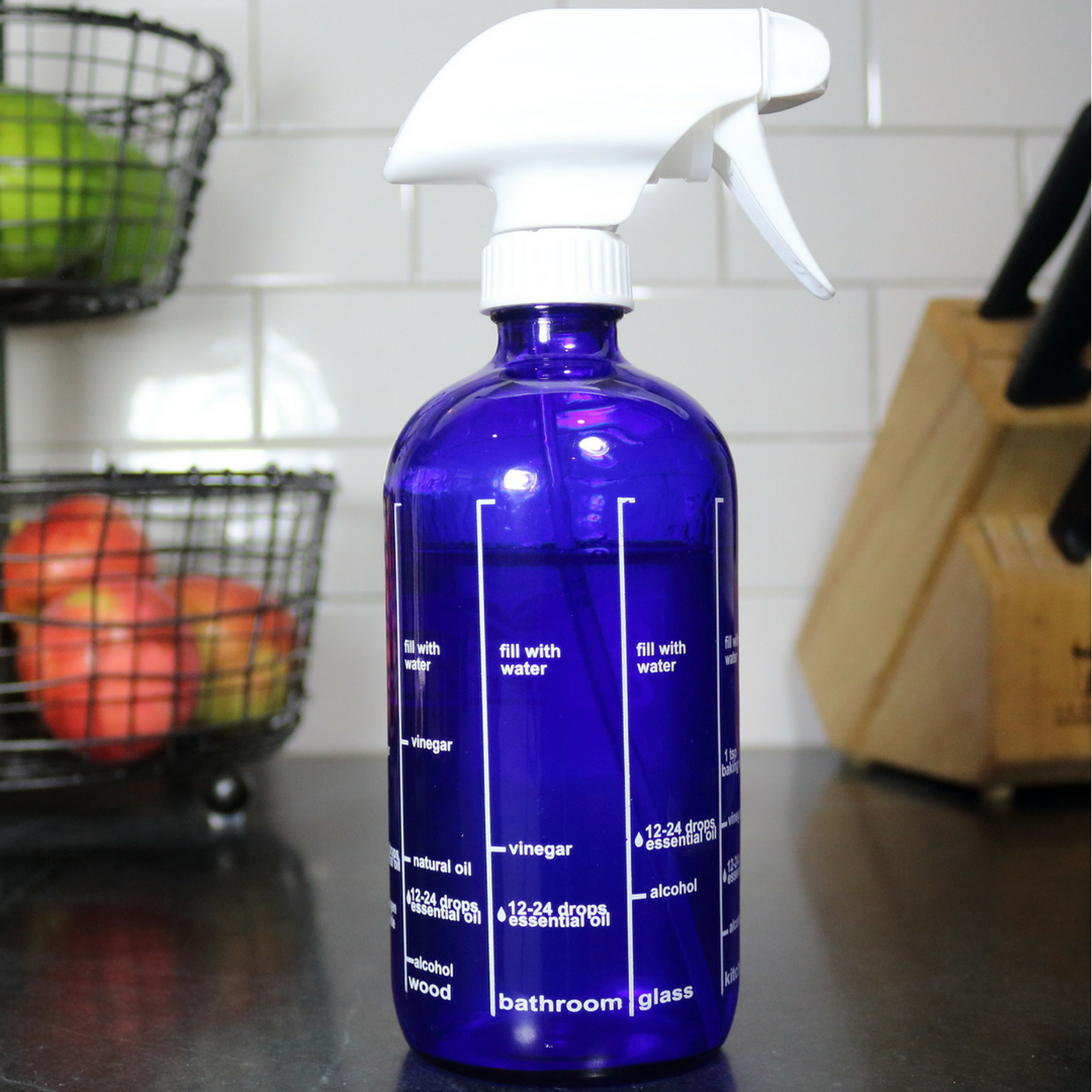 Blue Glass Spray Bottle with Cleaning Recipes