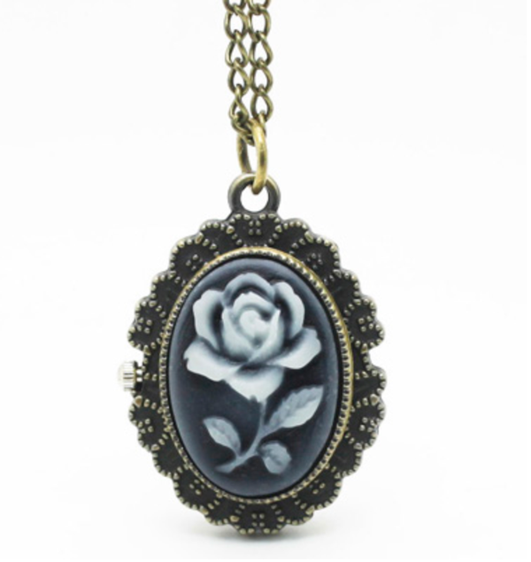 Victorian Lady Rose Fashion Jewelry Open Faced Pocket Watch Necklace Pendant Blue Rose