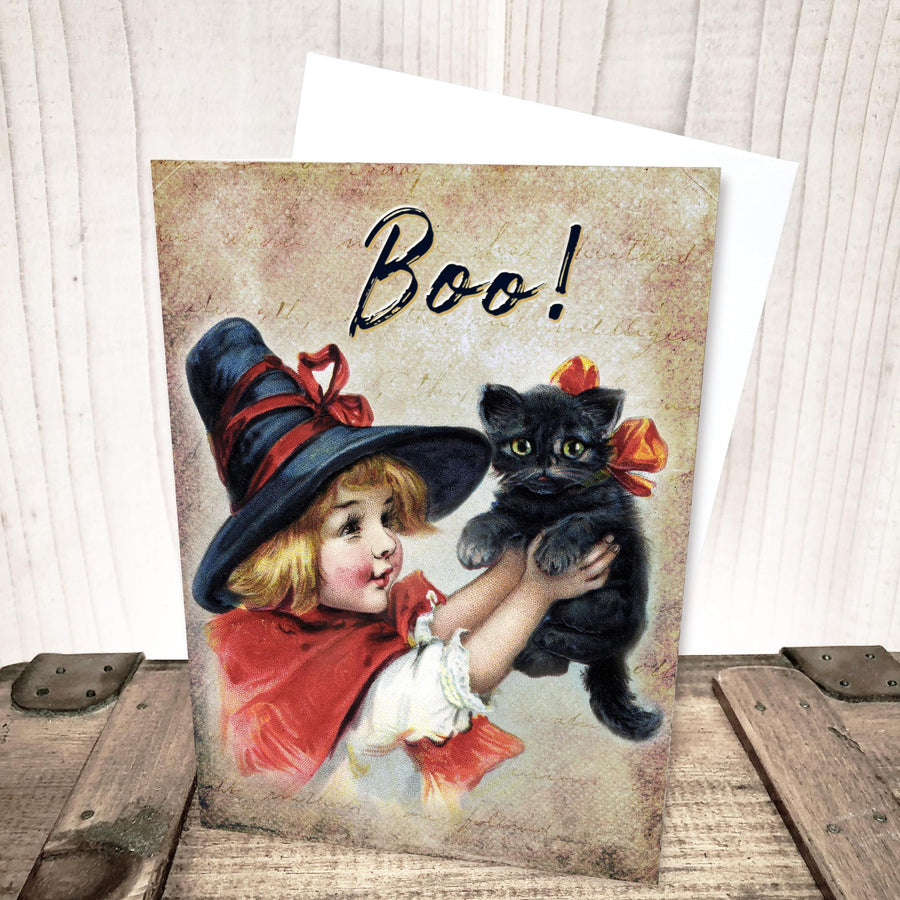 Boo!  Girl with Black Cat Halloween Card by Yesterday's Best