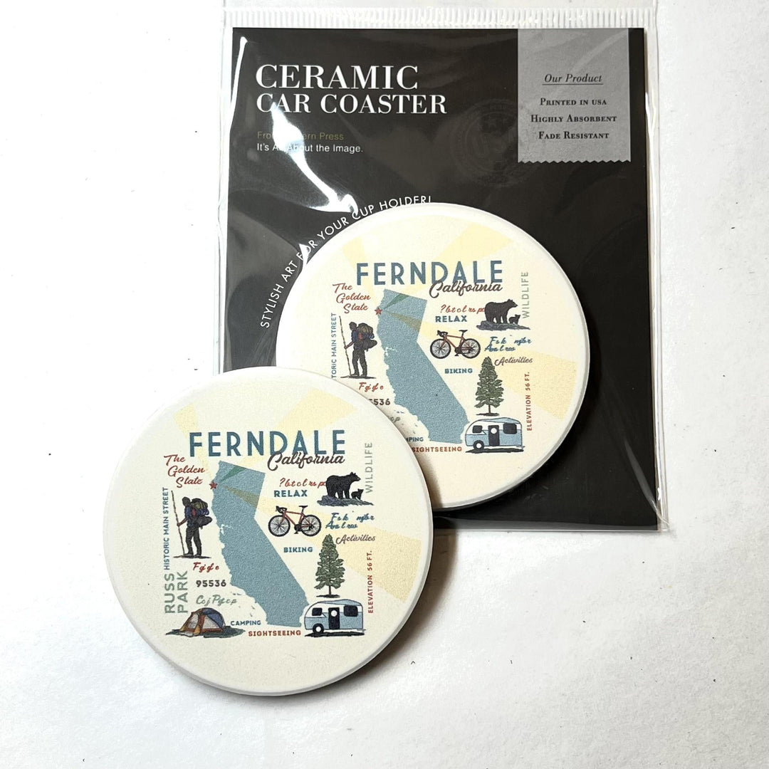 Ceramic Car Coaster | Ferndale California Typography & Icons