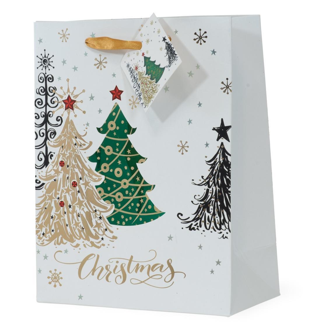 Christmas Gift Bag with Trees and Gold Foil