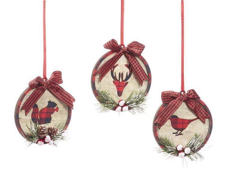 Christmas Ornament | Wooden Disc Plaid