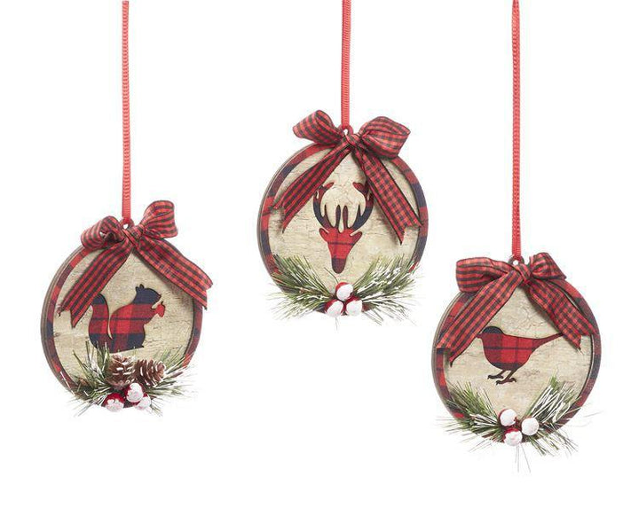 Christmas Ornament | Wooden Disc Plaid