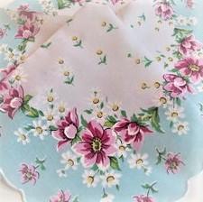 Classic Aqua & Pink Rose Vintage Inspired Floral Hanky