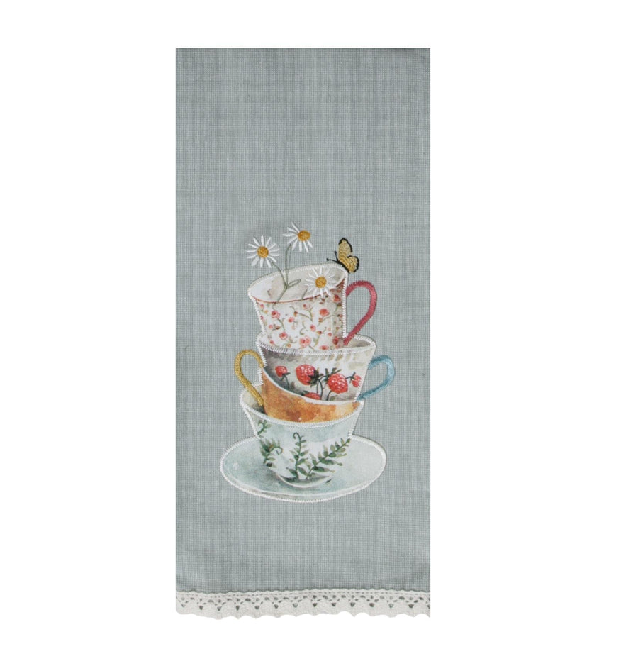 Cottage Core Stacked Tea Cups Tea Towel