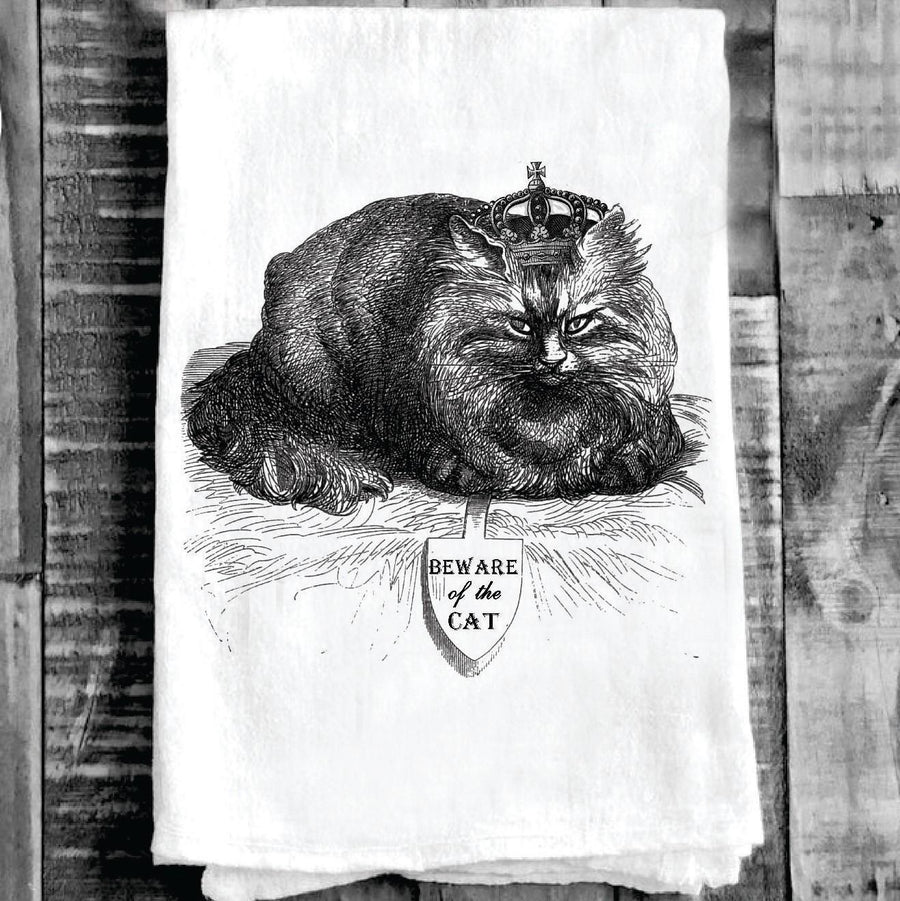 Cotton Tea Towel - Beware of the Cat Crown