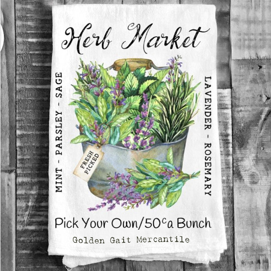 Cotton Tea Towel - "Herb Market Golden Gait Mercantile"