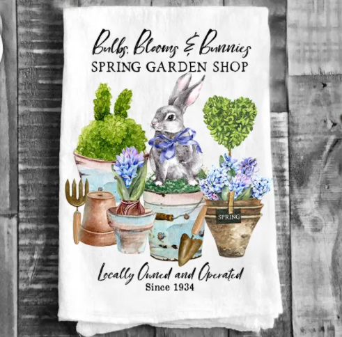 Cotton Tea Towel - Spring Garden Flowers Bunnies