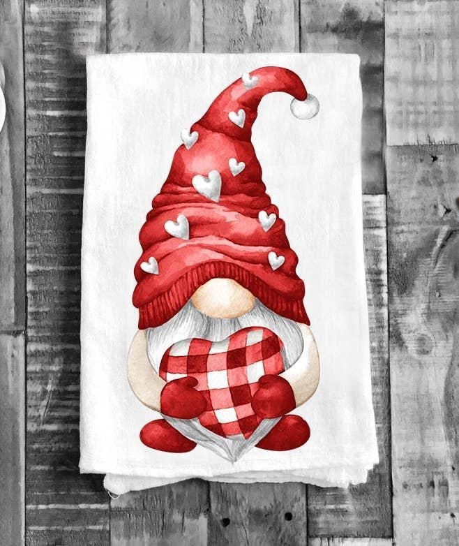 Cotton Tea Towel | Valentine Red Gnome Hearts