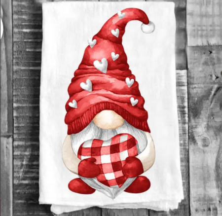 Cotton Tea Towel | Valentine Red Gnome Hearts