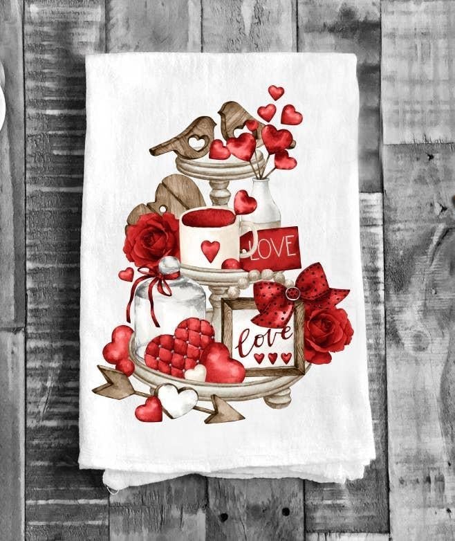 Cotton Tea Towel | Valentine Red Hearts 3 Tier Tray