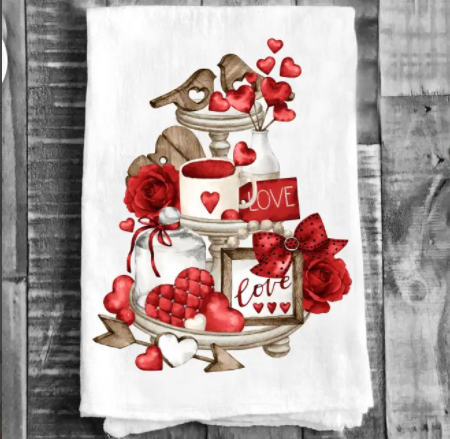 Cotton Tea Towel | Valentine Red Hearts 3 Tier Tray