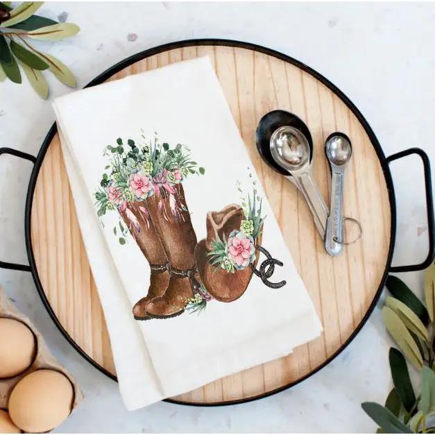 Cotton Tea Towel | Western Cowboy Boots & Flowers