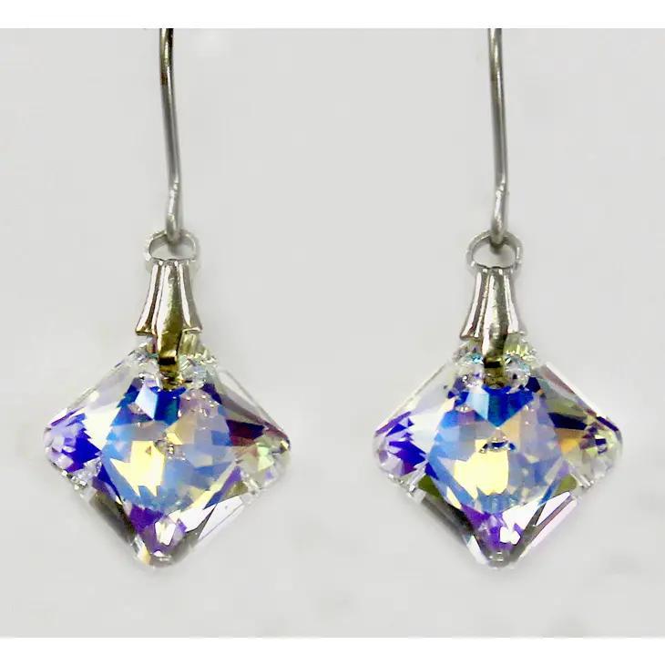 Crystal Aurora Borealis Princess Cut Dangle Earrings