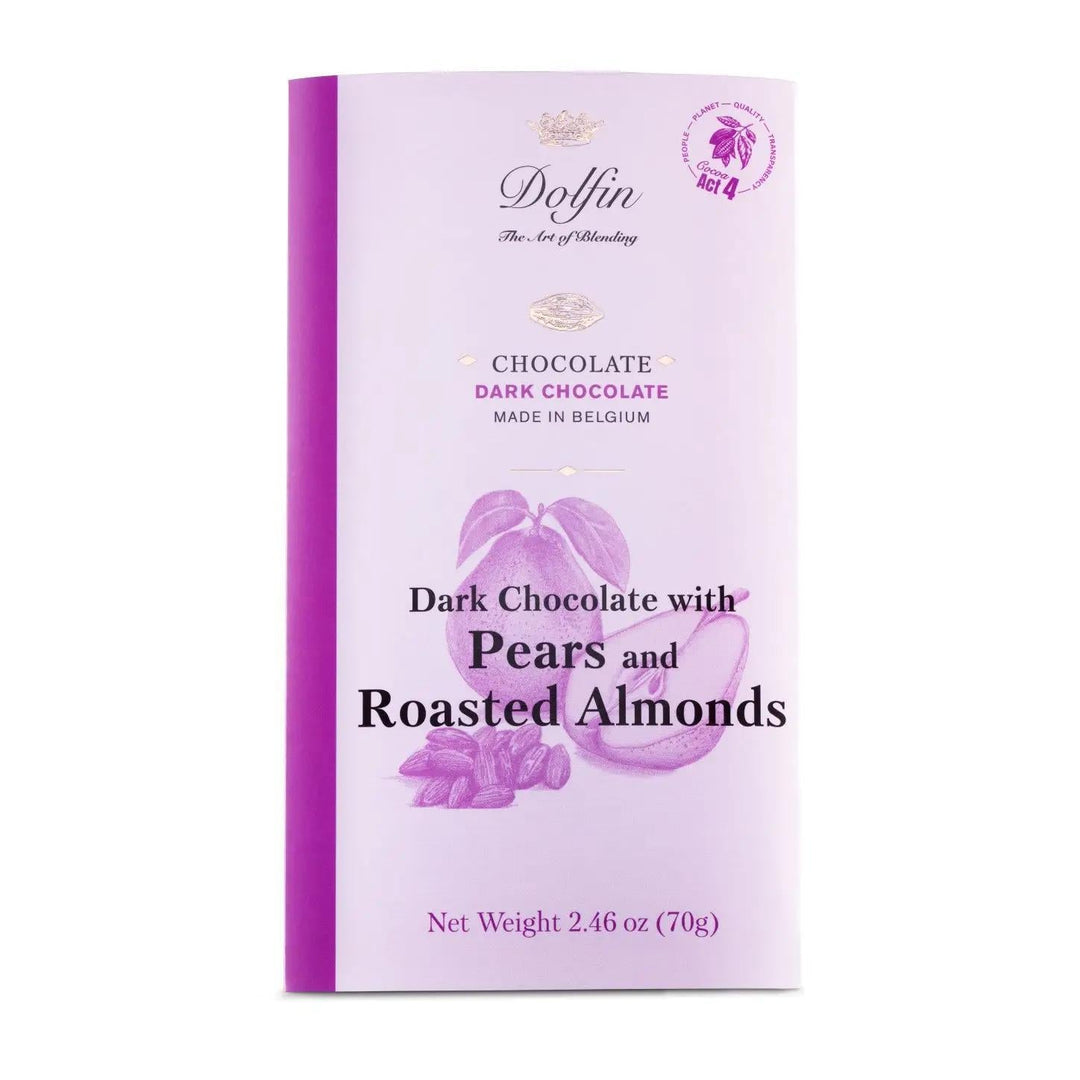 Dolfin Fine Belgium Chocolate | Dark Chocolate with Pears & Roasted Almonds
