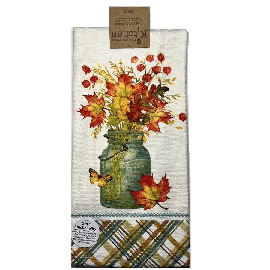 Dual Purpose Terry Towel | Autumn Leaves Mason Jar