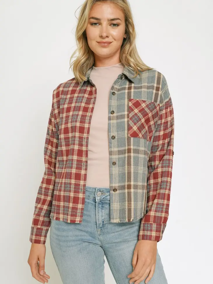 Duo Color Checker Button Up Top | Burgundy