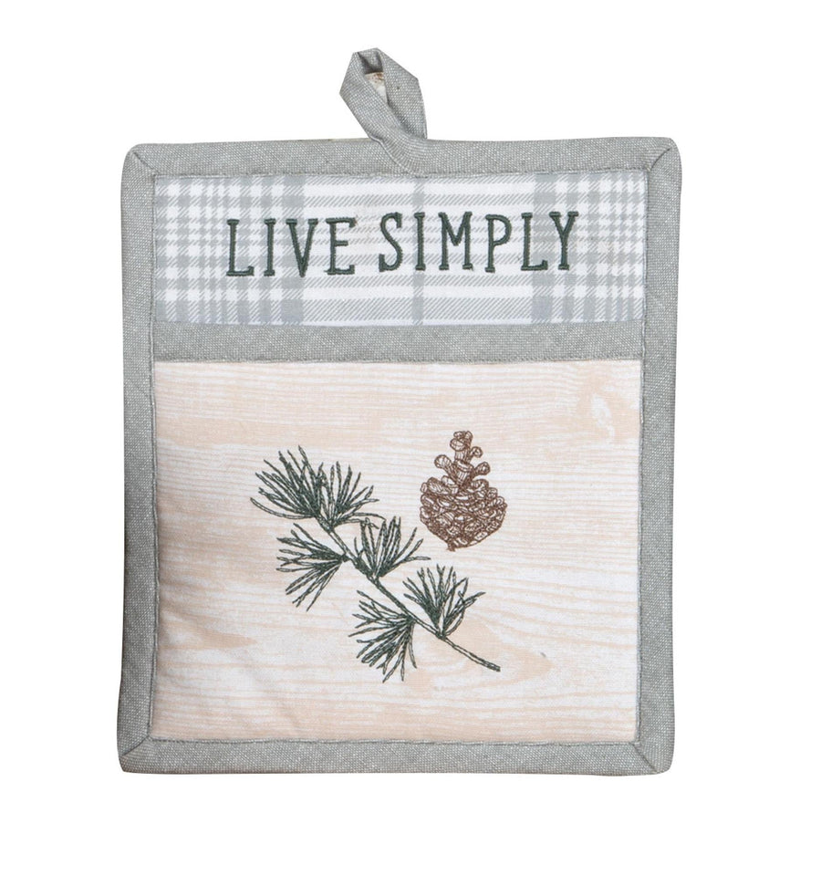 Embroidered Pocket Oven Mitt Pinecone "Live Simply"