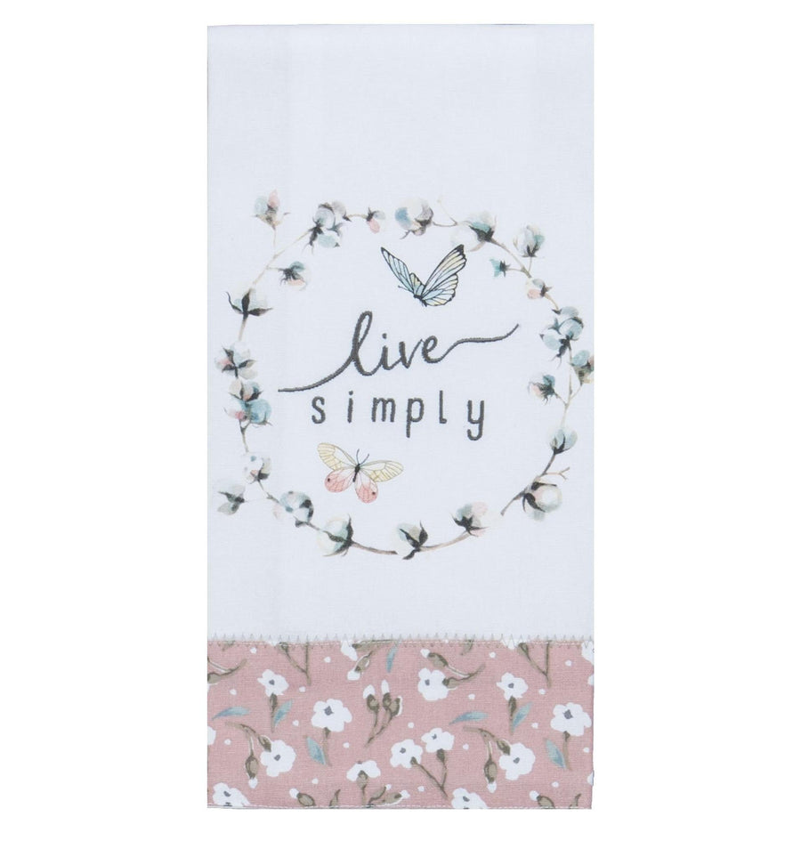 Embroidered Tea Towel "Live Simply"