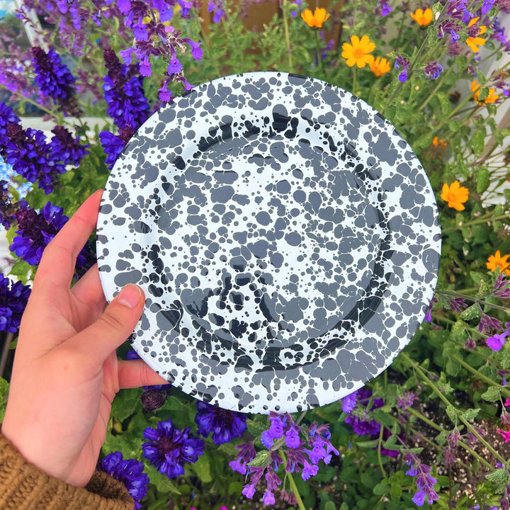 Enamelware Splatter Flat Salad Plate | Grey & White