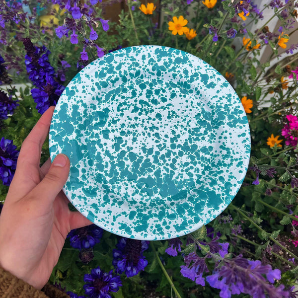 Enamelware Splatter Flat Salad Plate | Turquoise & White