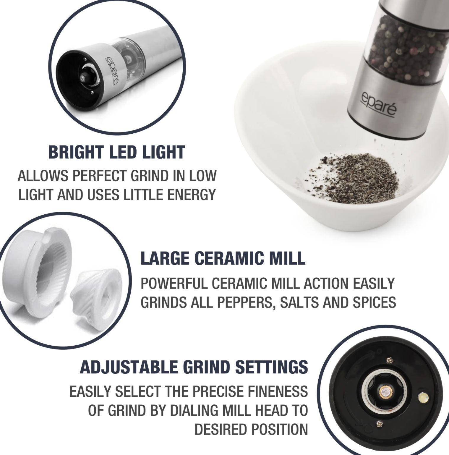 Electric Salt or Pepper Grinder - Battery Operated Ceramic Burr Peppermill Shaker - Automatic Stainless Steel Grinders - Mill with LED Light by Eparé