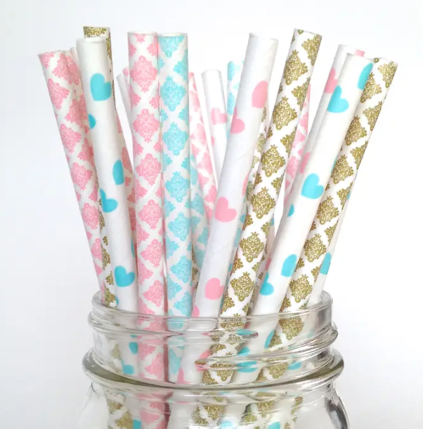 Colorful Paper Straws Gender Reveal Damask