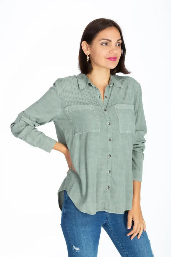 Given Kale Pleated Detail Button Up Shirt | Olive