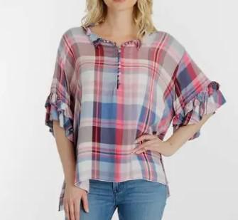 Given Kale Ruffle Sleeve Top | Acid Washed Plaid