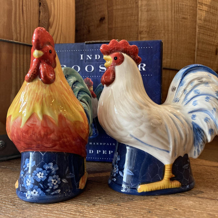 Hand-painted Ceramic Salt & Pepper Set | Indigo Roosters