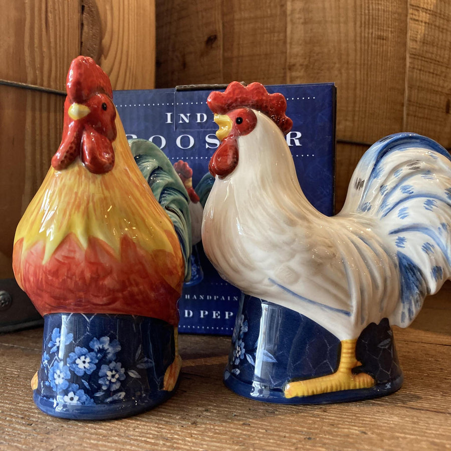 Hand-painted Ceramic Salt & Pepper Set | Indigo Roosters
