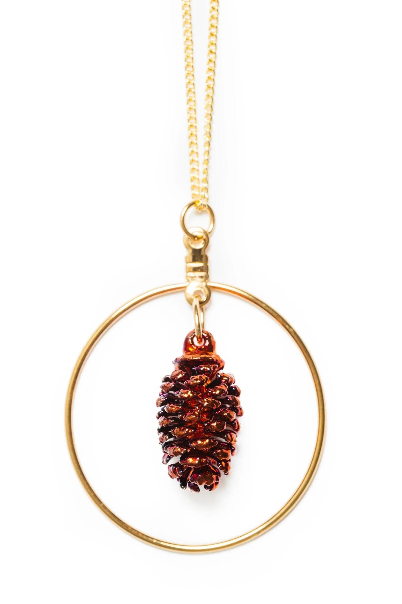 Iridescent Copper Pine Cone Hoop Necklace