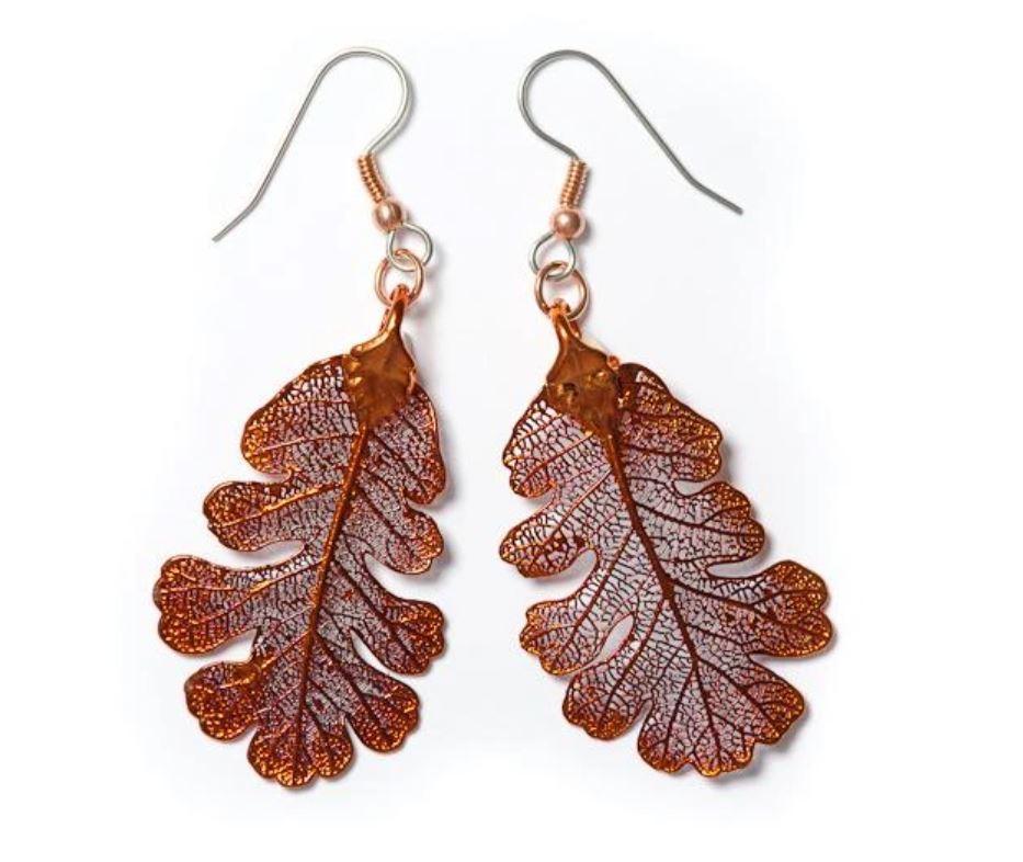 Iridescent Copper Real Oak Leaf Wire Earrings