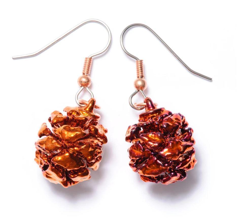 Iridescent Copper Real Redwood Cone Wire Earrings