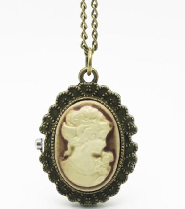 Victorian Lady Rose Fashion Jewelry Open Faced Pocket Watch Necklace Pendant Ivory Lady