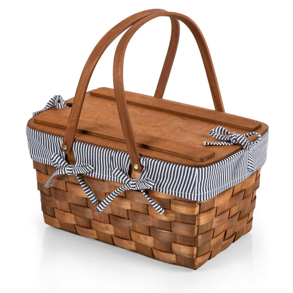 Kansas Handwoven Wood Picnic Basket | Navy Blue & White Stripes