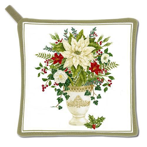 Kitchen Potholder | Poinsettia, Holly, & Ivy Vase