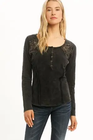 Lace Detail Long Sleeve Top | Charcoal