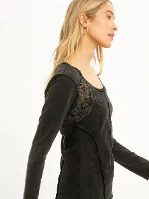 Lace Detail Long Sleeve Top | Charcoal