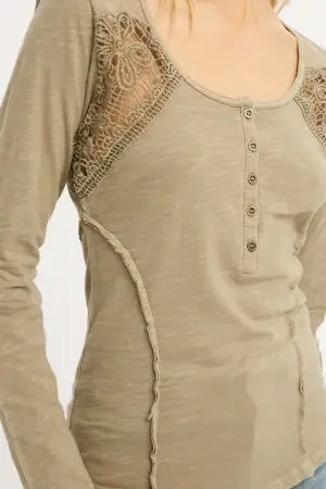 Lace Detail Long Sleeve Top | Stone