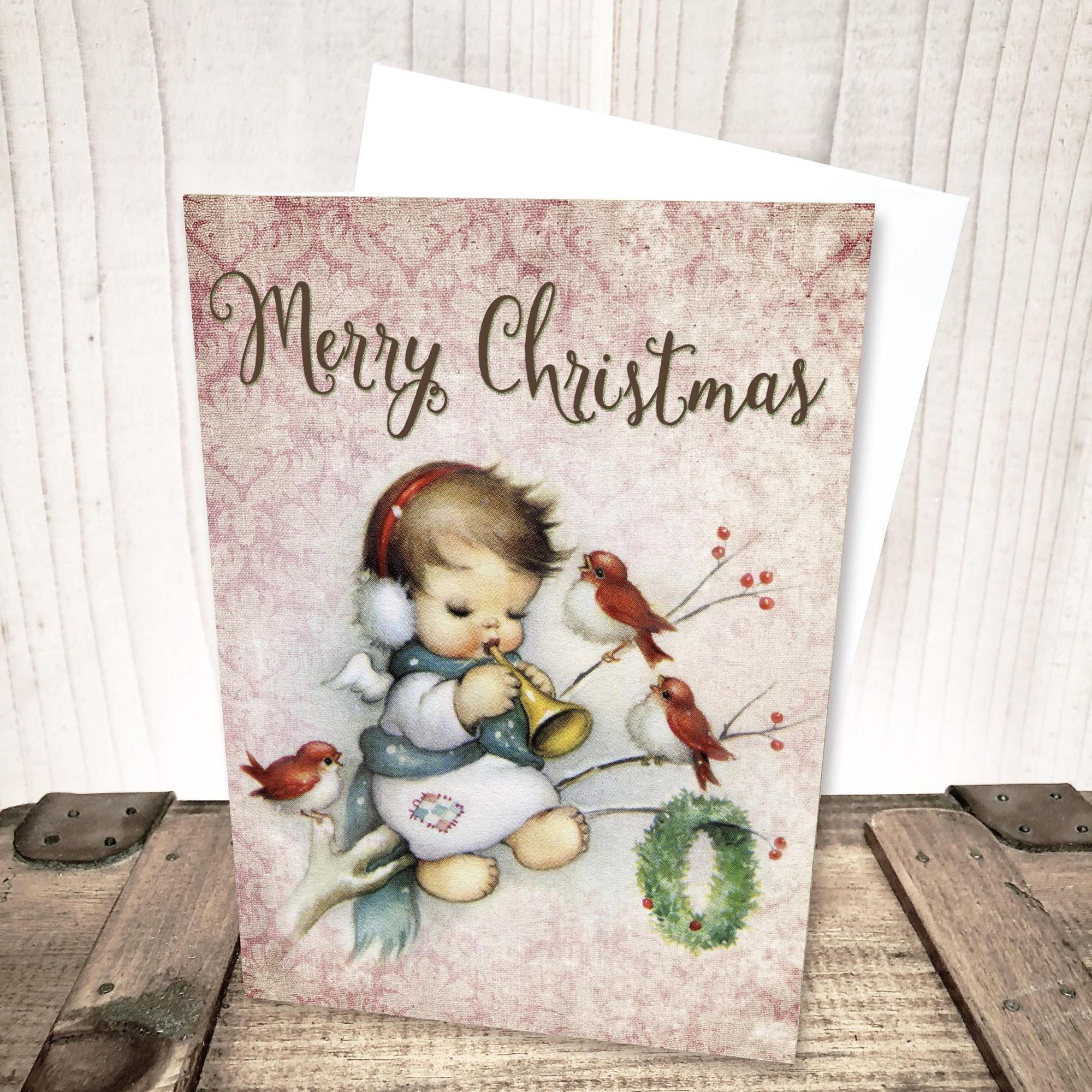 Little Angel with Red Birds Merry Christmas Card by Yesterday's Best