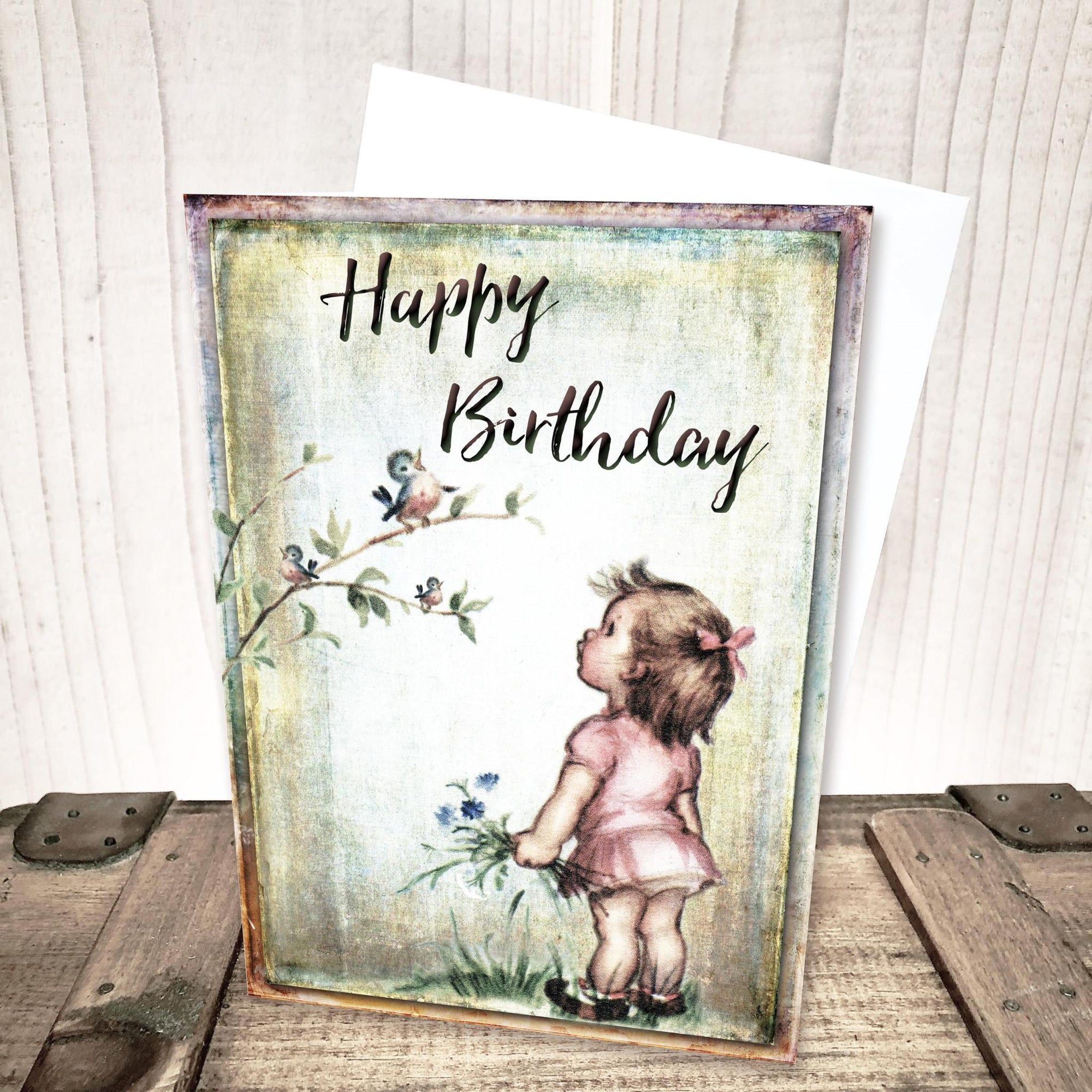 Little Girl with Bird Birthday Card by Yesterday's Best