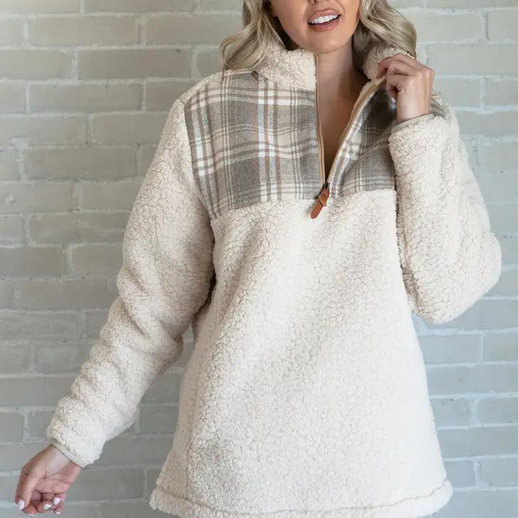 Lydia Contrast Print Sherpa Pullover | Oat & Taupe