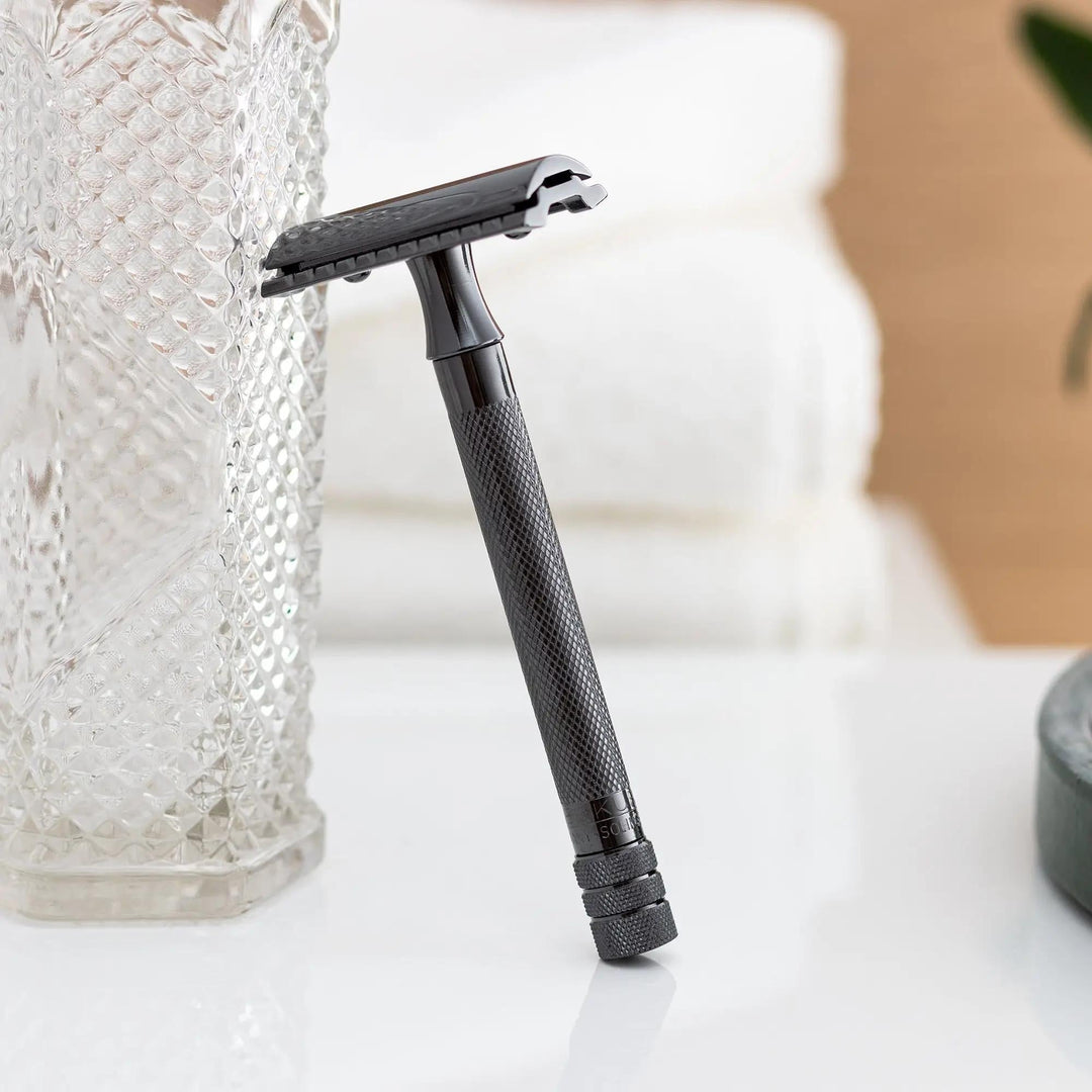 Merkur Double Edge Safety Razor | Straight Cut, Extra Long Handle, Black PVD Coated 23B