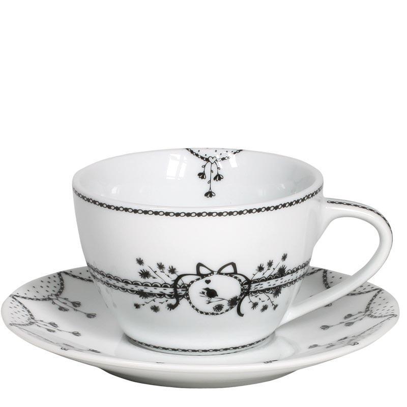 Miss Blackbirdy Cappuccino Cup & Saucer | Chain Pattern White